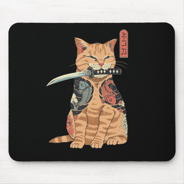 Tapis De Souris Souris japonaise Samurai Chat Mouse mauvais (Devant)