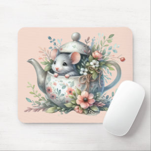 Tapis De Souris Souris mignonne en théière florale Illustration