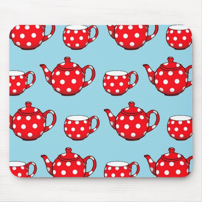 Tapis De Souris Spotty Red Teapot et tasses Motif bleu (Devant)