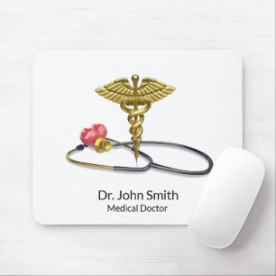 Tapis De Souris Stéthoscope Médical en Or & Caducée avec Cœur