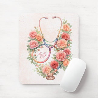 Tapis De Souris Stéthoscope Rose Rose Fleur Personnalisé