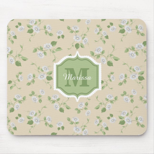Tapis De Souris Style chalet Floral Blanc Faisées Crème Monogramme (Devant)