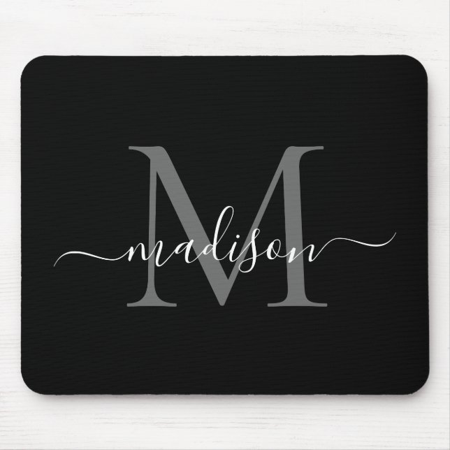 Tapis De Souris Style noir blanc Monogramme Script Simple Moderne (Devant)