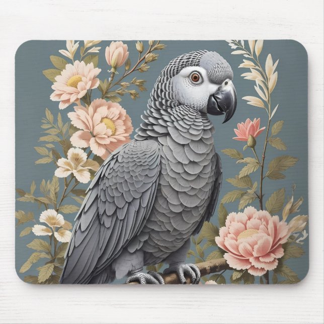 Tapis De Souris Superbe Perroquet Gray Africain Avec Élégantes Flo (Devant)