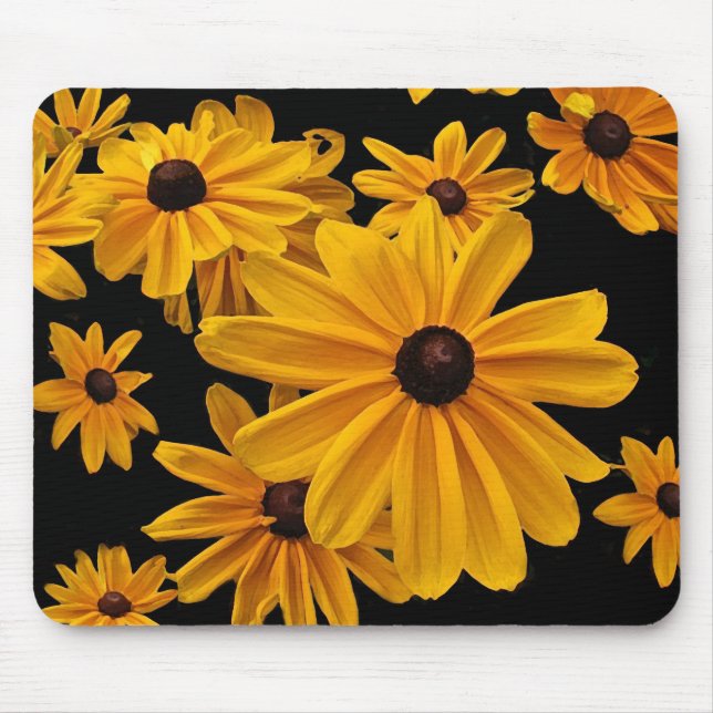 Tapis De Souris Susan observée par noir floral jaune fleurit (Devant)