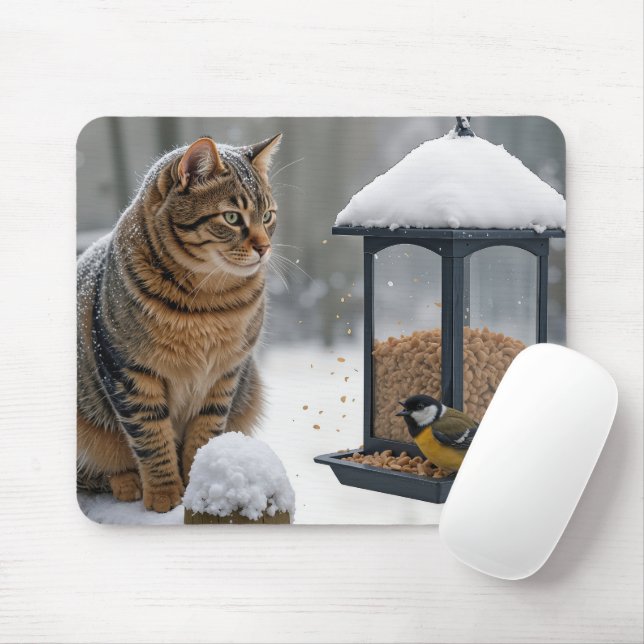 Tapis De Souris Tabby Cat Watching a Bird On a Feeder (Avec souris)