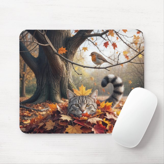 Tapis De Souris Tabby Chat dans un seau de feuilles d'automne (Avec souris)