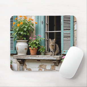 Tapis De Souris Tabby Chat Sur Ancienne Porte-Fenêtre