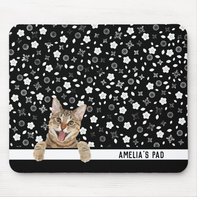 Tapis De Souris Tabby Chat sur Floral noir et blanc (Devant)