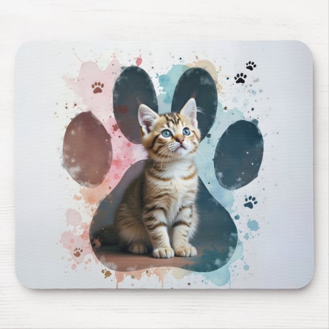 Tapis De Souris Tabby Kitten dans un Empreinte de patte aquarelle (Devant)