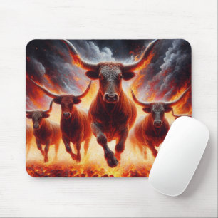 Tapis De Souris Taureaux chargeant à travers un paysage enflammé