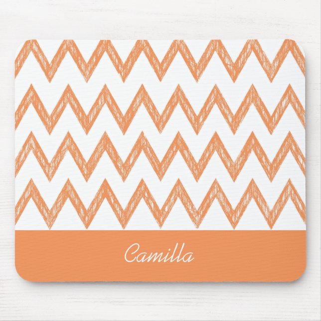 Tapis De Souris Tendance Crayon Orange Chevron Zigzags Avec Nom (Devant)