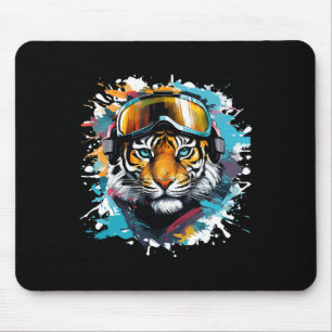 Tapis De Souris Tête de tigre avec lunettes de ski Ski Snowboard