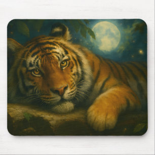 Tapis De Souris Tigre d'aquarelle reposant dans la forêt nocturne