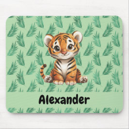 Tapis De Souris Tigre de dessin mignon sur Feuilles tropicaux