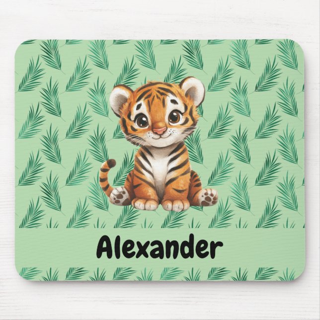 Tapis De Souris Tigre de dessin mignon sur Feuilles tropicaux (Devant)