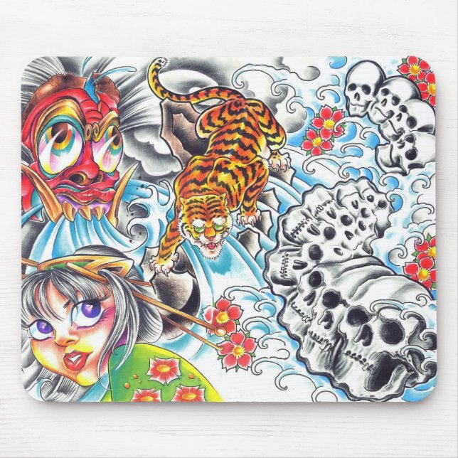 Tapis De Souris tigre oriental de femmes de crâne (Devant)