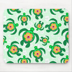 Tapis De Souris Tortues de mer vertes Honu Hibiscus Fleurs