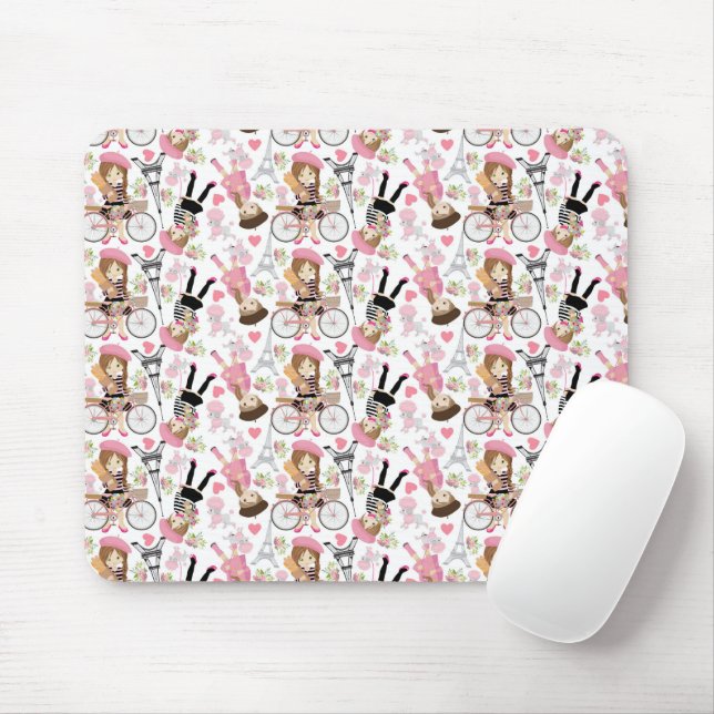 Tapis De Souris Tour Eiffel Parisienne Fleur Rose Cœur (Avec souris)