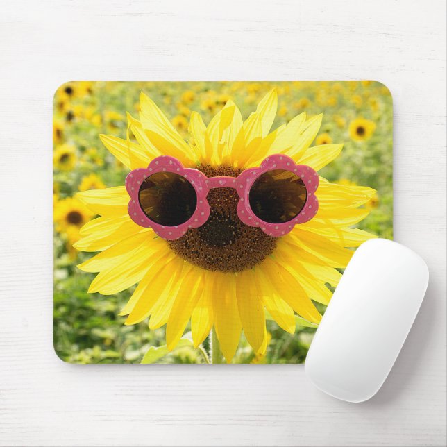 Tapis De Souris Tournesol aux lunettes de soleil roses (Avec souris)