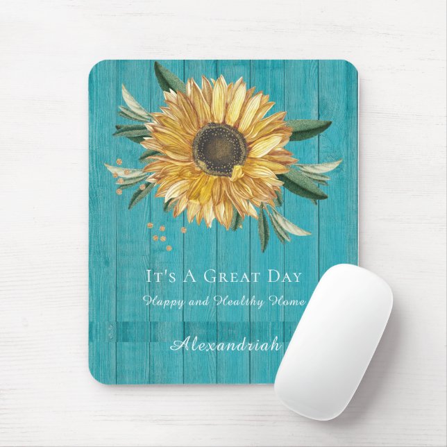 Tapis De Souris Tournesol doré rustique Turquoise Bleu Grange Bois (Avec souris)