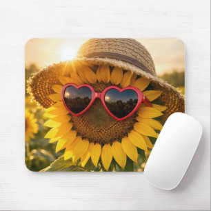 Tapis De Souris Tournesol portant des lunettes de soleil et un cha