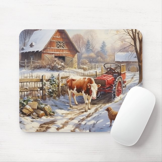 Tapis De Souris Traverseur vintage de vache agricole hiver (Avec souris)