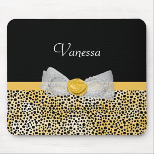 Tapis De Souris Trendy Jaune Cheetah Imprimer Bow fantaisie et nom
