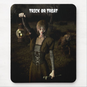 Tapis De Souris Trick or Treat. Femme mince portant une lampe