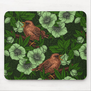 Tapis De Souris Troglodyte et hellébore sur fond vert foncé