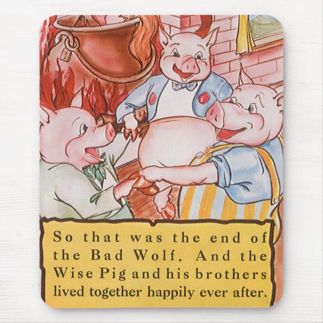 Tapis De Souris Trois Petits Cochons Cuisinant Loup, Conte de Fées (Devant)