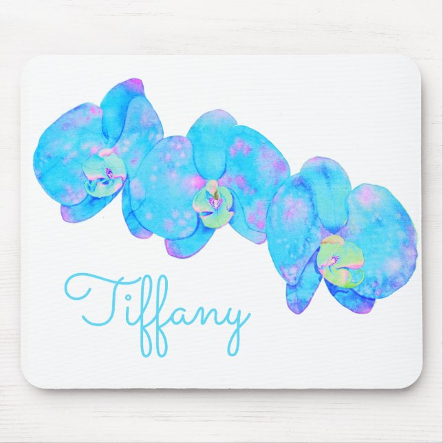 Tapis De Souris Tropical Blue Turquoise aquarelle orchidée peintur (Devant)