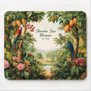Tapis De Souris Tropical Cacao Perroquets Fleur Aquarelle Nom Étab