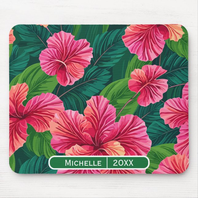 Tapis De Souris Tropical Hawaii Hibiscus Palm Feuille Art moderne (Devant)