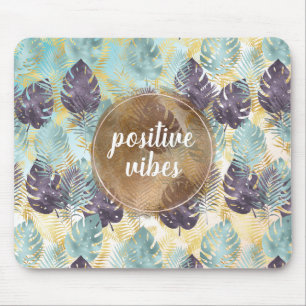 Tapis De Souris Tropical Violet Vert Or Feuilles Vibrations Positi