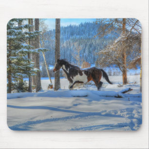 Tapis De Souris Trotting Pinto Paint Stallion & Winter Snows