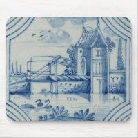 Tuile de Delft montrant un pont-levis au-dessus
