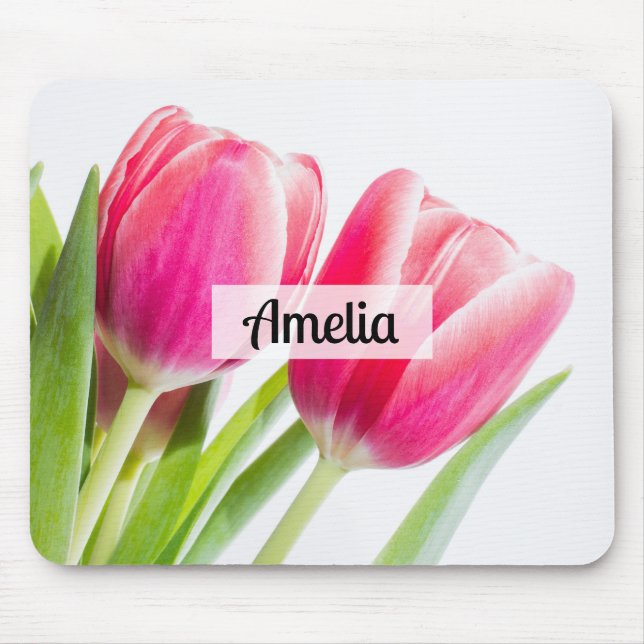 Tapis De Souris Tulipes roses avec Feuille vert photo (Devant)