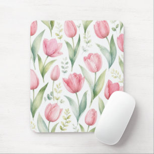 Tapis De Souris Tulipes roses Peinture florale aquarelle botanique