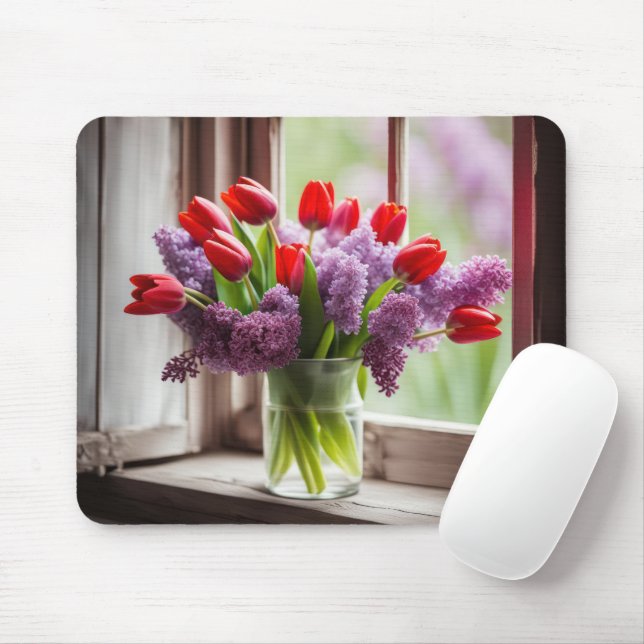 Tapis De Souris Tulipes rouges et Bouquet Lilac (Avec souris)