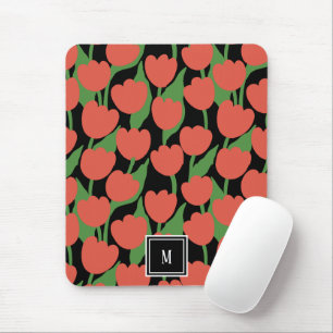 Tapis De Souris Tulipes rouges rétro, monogramme personnalisé