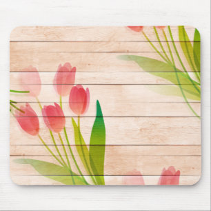 Tapis De Souris Tulipes rouges sur Arrière - plan de bois propre