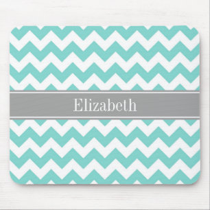 Tapis De Souris Turq / Aqua Blanc Chevron Gris Monogramme Nom