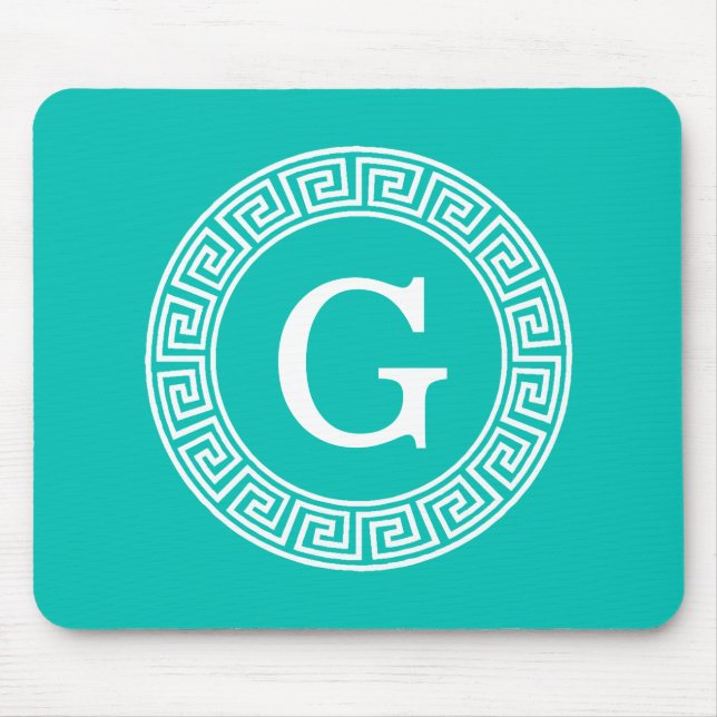 Tapis De Souris Turquoise Blanc Clé grecque Cadre Ronde Monogramme (Devant)