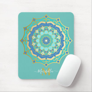 Tapis De Souris Turquoise Blue Gold Boho Mandala Pad souris