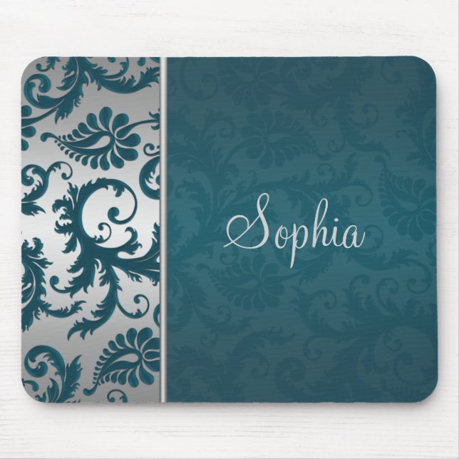 Tapis De Souris Turquoise et argenté Damask Mousepad (Devant)