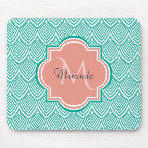 Tapis De Souris Turquoise Vert Art Déco Poissons Écailles Rose Mon