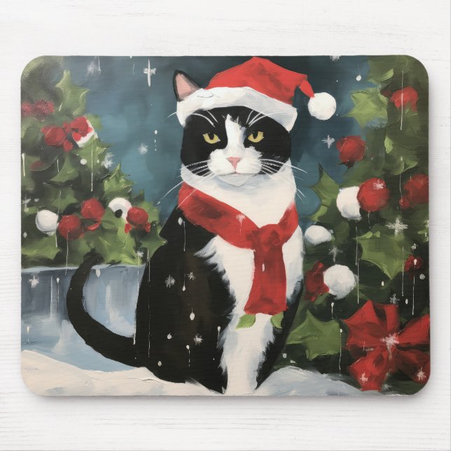Tapis De Souris Tuxedo Chat en Noël de neige (Devant)