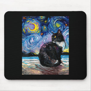 Tapis De Souris Tuxedo Chat Sur La Plage Stars Nuit Impressionnist