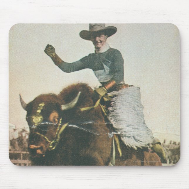 Tapis De Souris Un cowboy heureux sur Buffalo s'opposant (Devant)